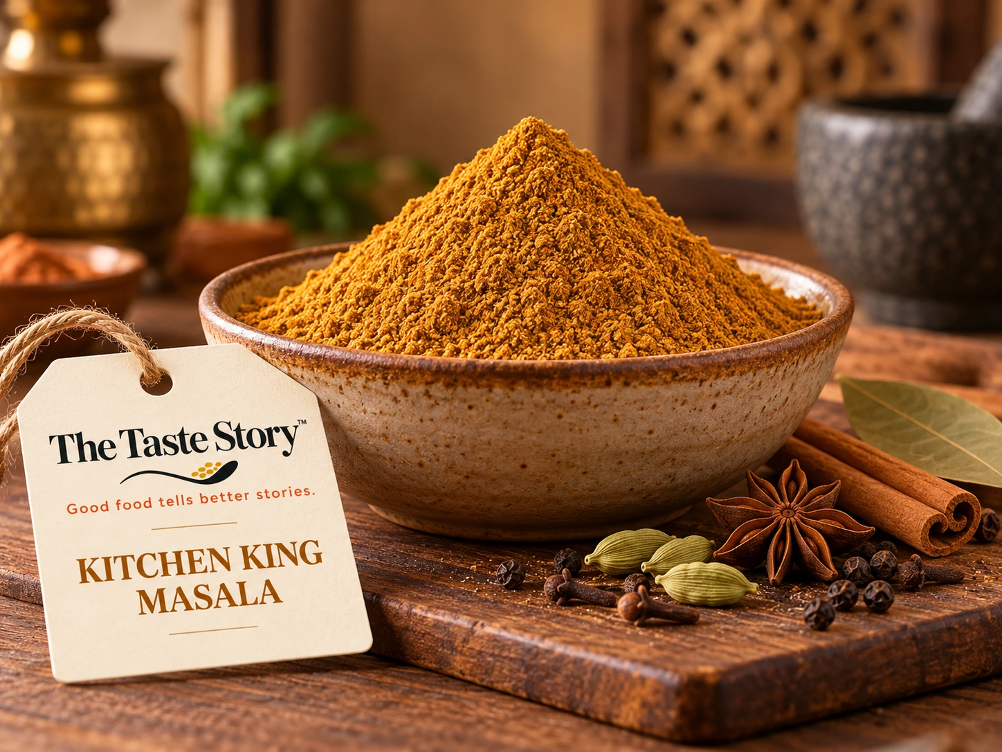 The Taste Story™ Kitchen King Masala — illustrative spice powder and whole ingredients photograph