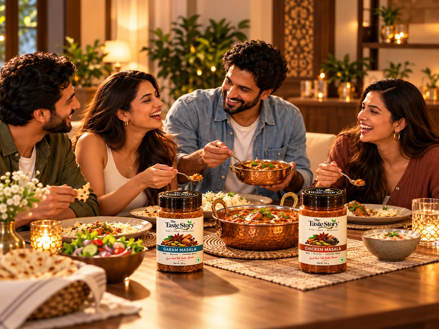 Friends enjoying dinner with The Taste Story™ jars on the table